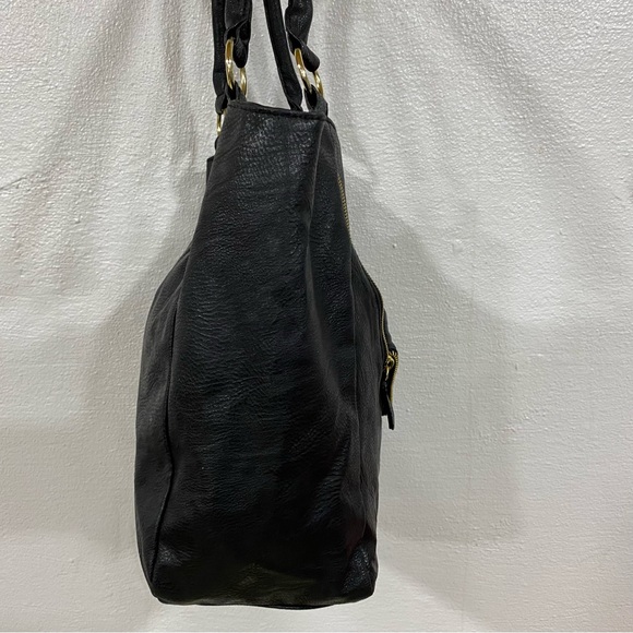 Black Vinyl Handbag Purse Bejeweled Zipper Gold Hardware Bag Double Handles - Picture 6 of 16